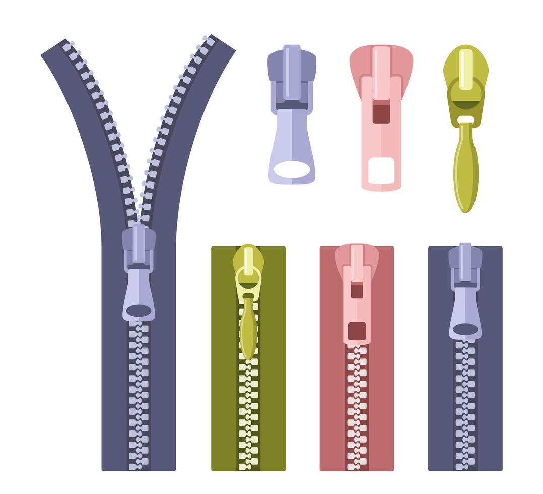 Colored zippers, open and closed. Colorful zipper, fashion fastener, lock zip clothes fashionable metal puller clothing design. vector