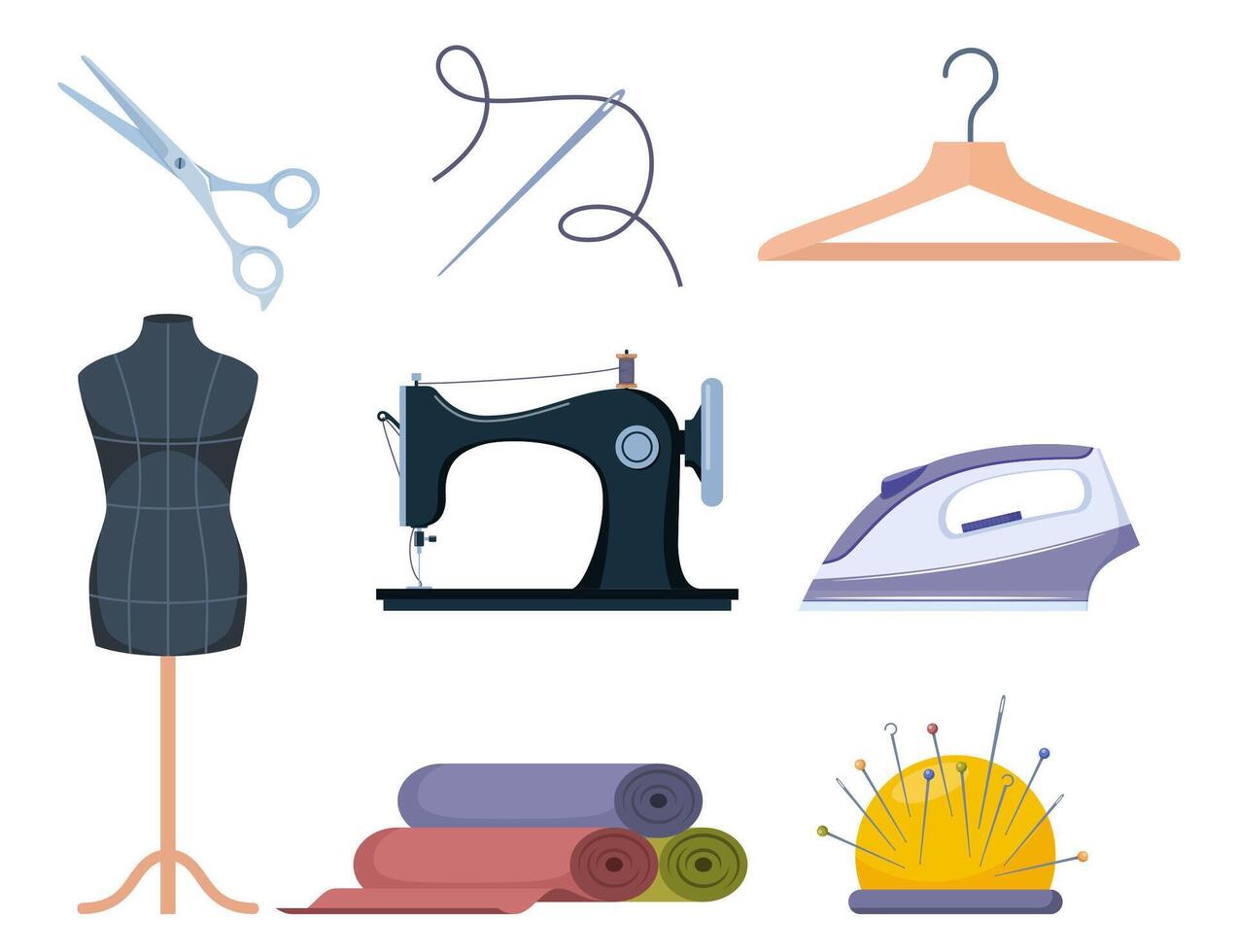 Tailors accessories, supplies and equipment to sew cloth. Dressmaking collection with thread rolls, button, needles, zipper, sewing machine, mannequin, scissors, iron. Tailoring studio. vector