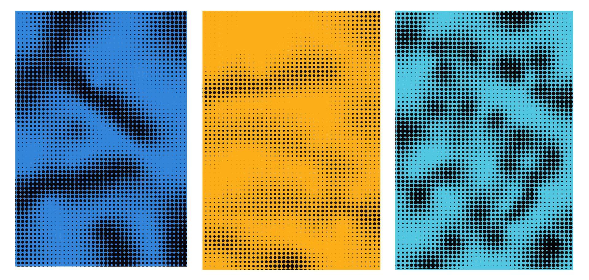Set of multicolored abstract poster with gradient halftone textured. Background grunge dots. shabby wallpaper vector