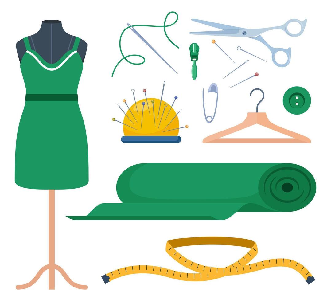 Tailors accessories, supplies and equipment to sew cloth. Dressmaking collection with thread rolls, button, needles, zipper, sewing machine, mannequin, scissors, iron. Tailoring studio. vector