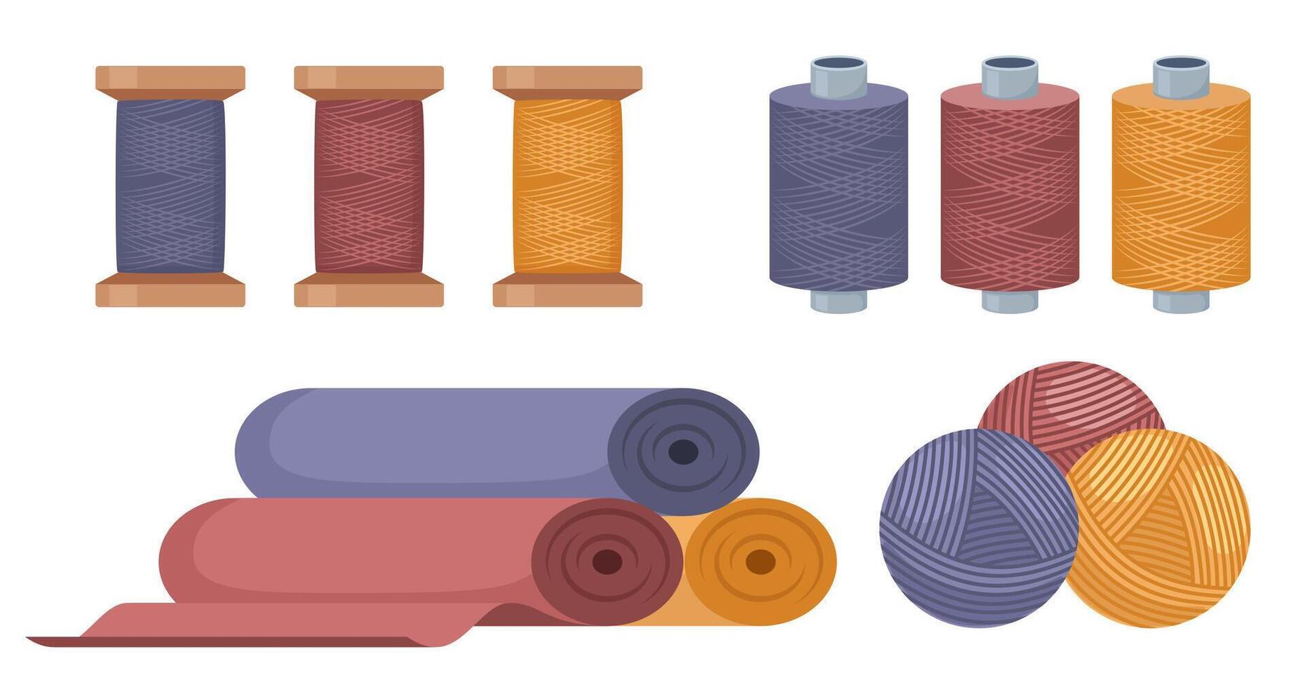 Spools of thread, rolls of fabrics for sewing and knitting. Natural woolen weave cloth. Wool thread, clew yarn. . vector