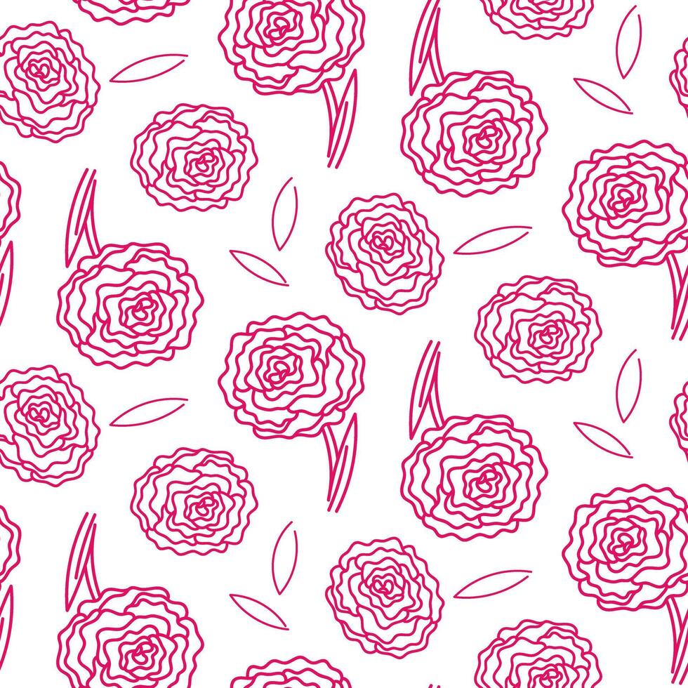 A pattern from a doodle illustration in the form of a pink peony with leaves. Seamless hand drawn drawing with a wide line. shades of pink on white. Romantic silhouette for a holiday on wedding cards vector