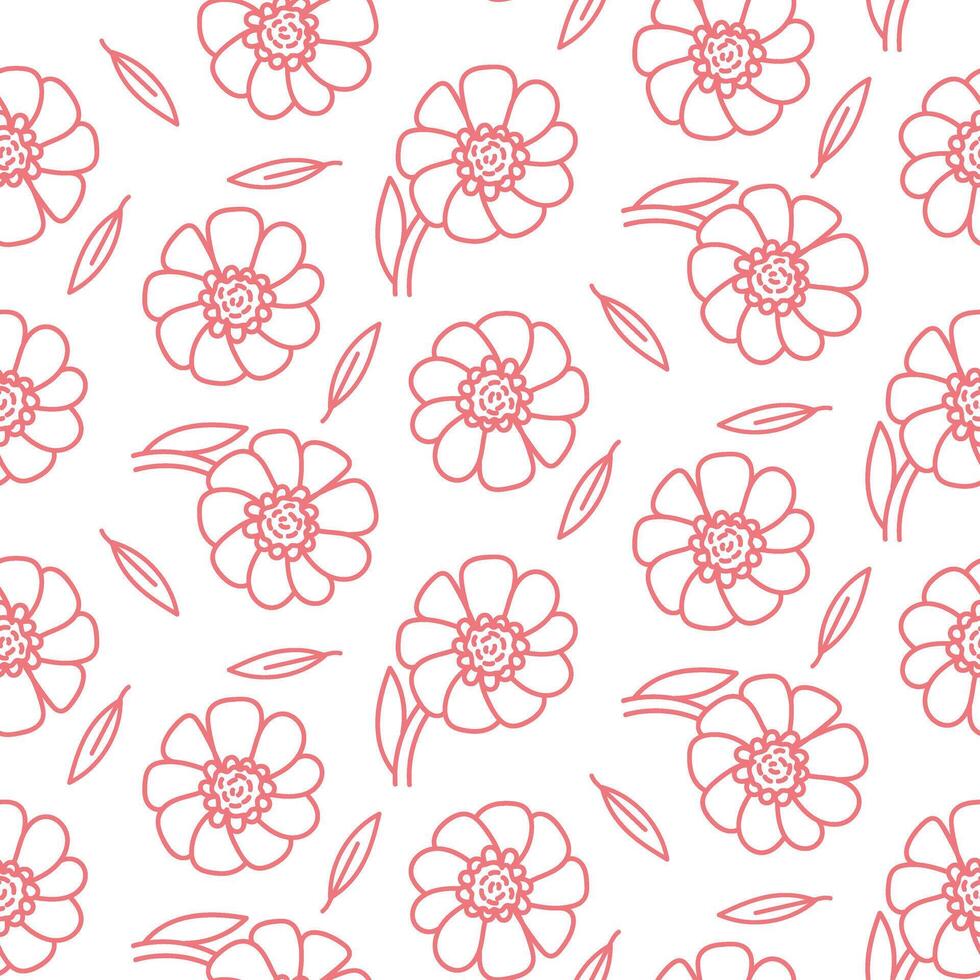 A pattern from a doodle illustration in the form of a pink zinnia with leaves. Seamless hand-drawn drawing with a wide line. shades of pink on white. Romantic silhouette for a holiday on wedding cards vector