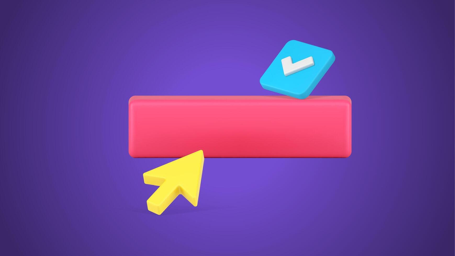 Subscribe button with arrow click cursor and done checkmark pink 3d icon realistic vector