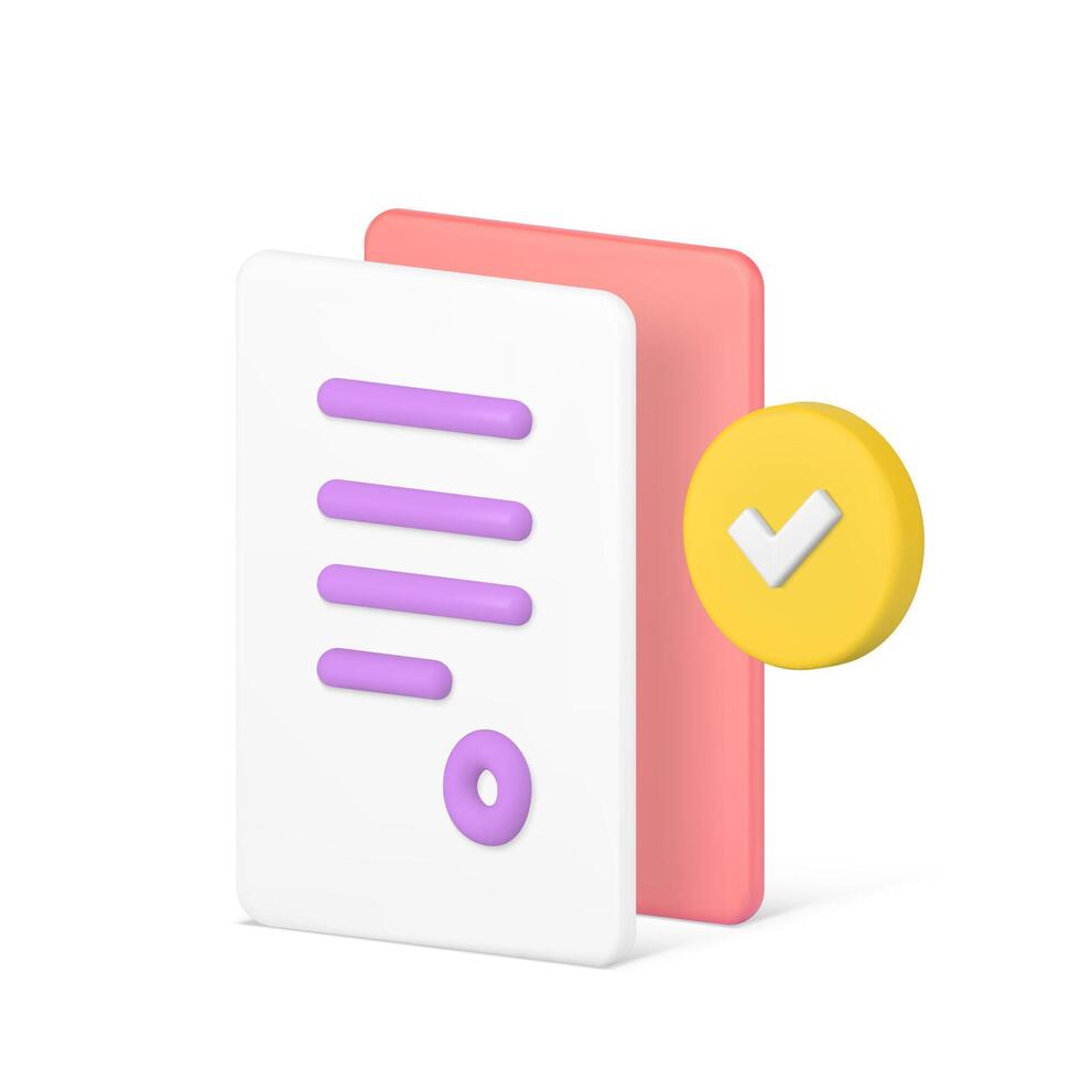 Contract agreement document confirmation paper sheet with done checkmark 3d icon realistic vector
