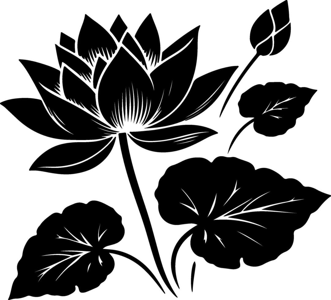 Silhouette of lotus flower with leaves vector