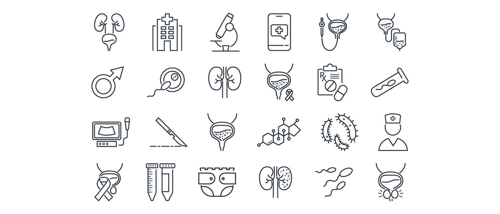 Set of line icons urology clinic. Kidneys, bladder,catheter, cystoscope, hormones, testosterone, impotence, spermogram, prostatitis, surgery, bacteria, urologist, urinary incontinence, fertilization vector