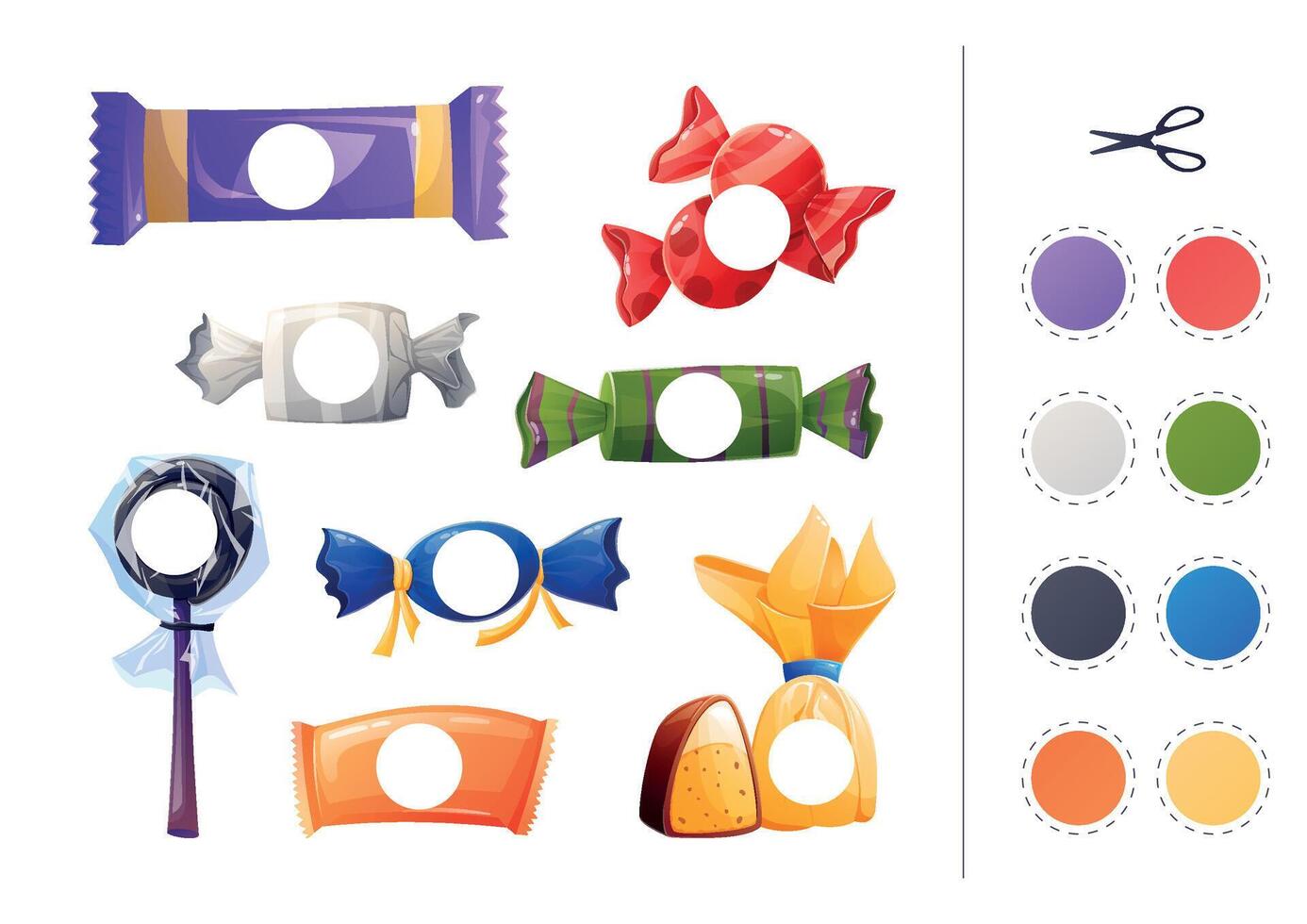 Educational children's patch game. Learning basic colors, cutting and gluing applique, activity page. Set of isolated cartoon candies. vector
