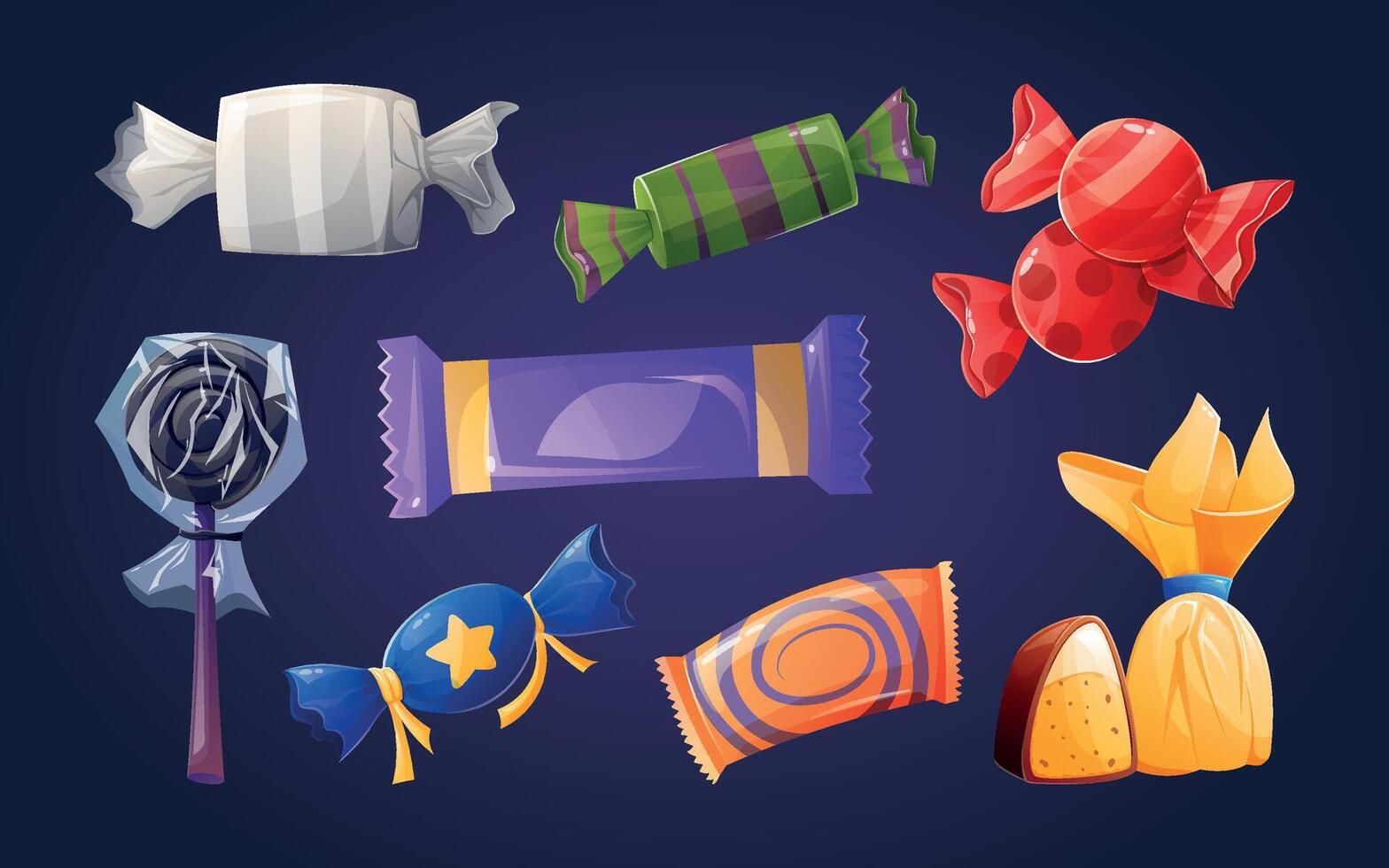 Multi-colored variety of candies, sweets and lollipops in bright wrappers. Set of isolated cartoon illustrations. vector