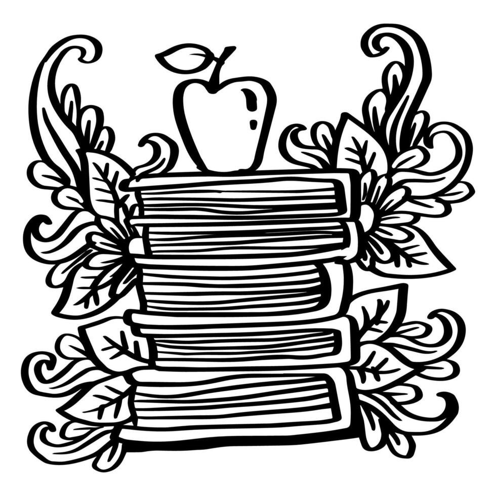 Hand drawing illustration stack of books decorated with floral and apple vector