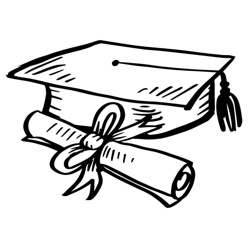 Hand drawn illustration graduation hat with rolled diploma paper vector