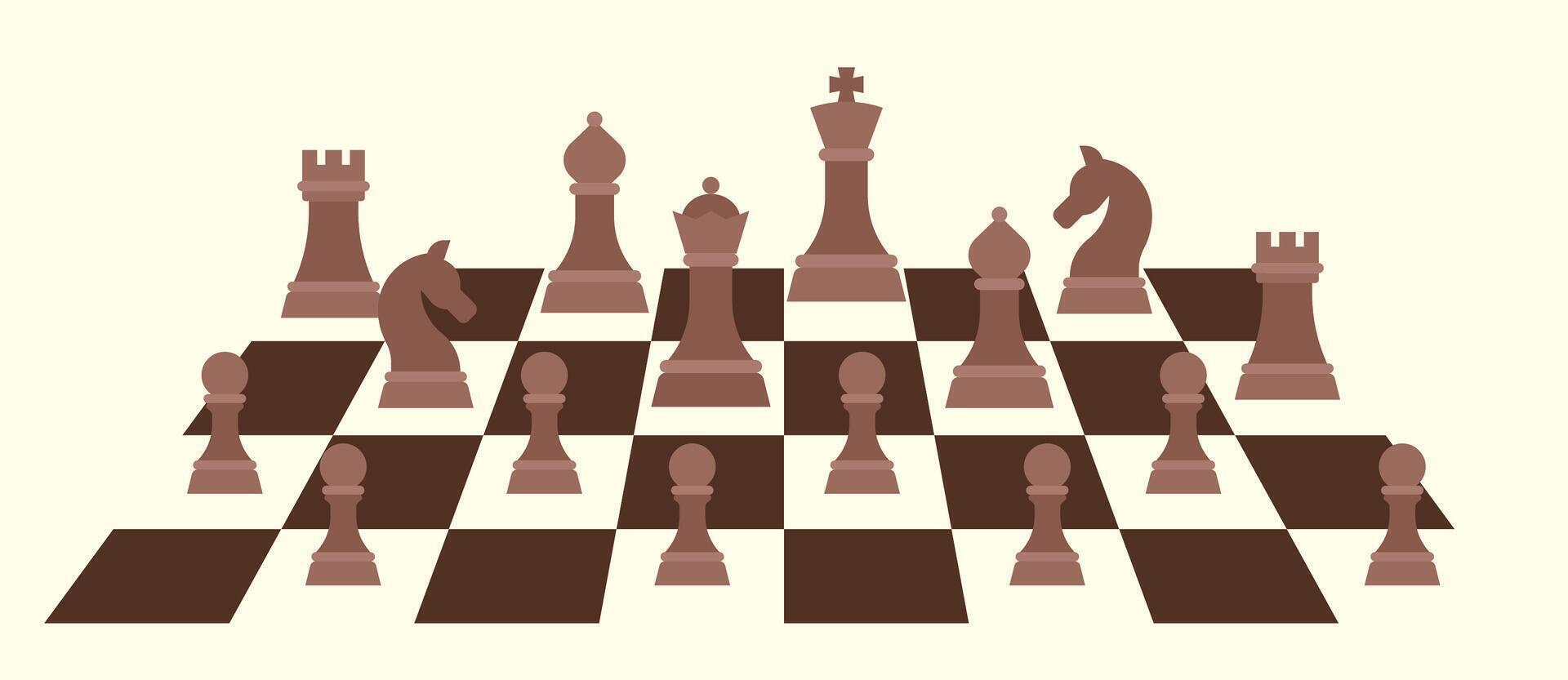 Set of chessboard pieces arranged on a chessboard pattern vector