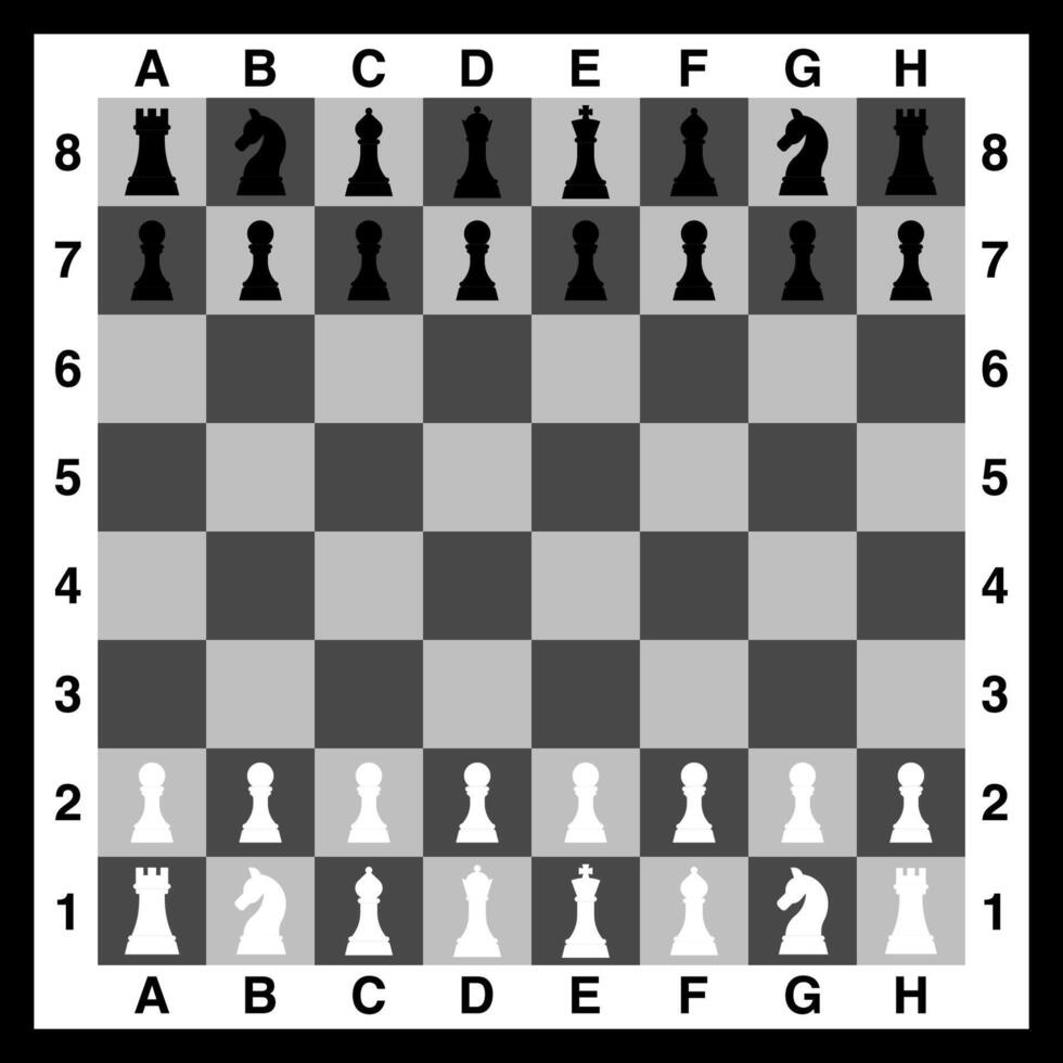 illustration depicts a chessboard set up for a game, with all the black and white chess pieces positioned on their squares vector