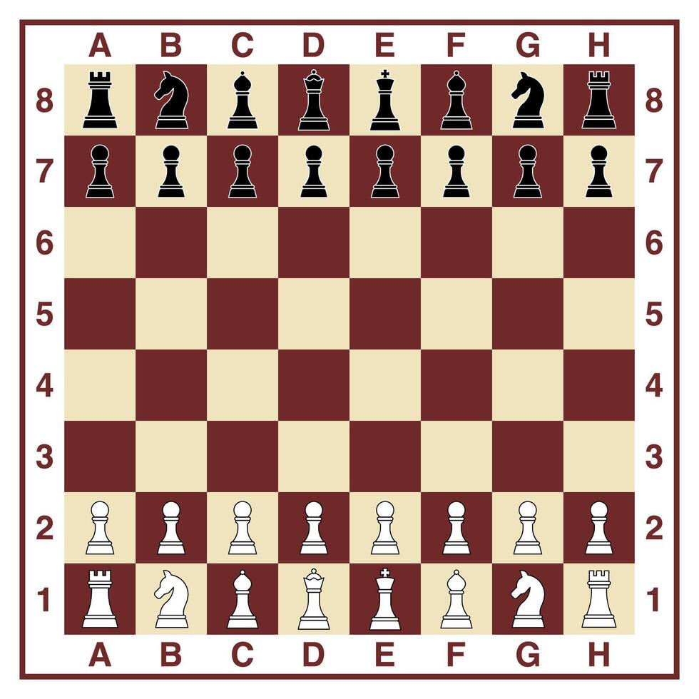 illustration depicts a chessboard set up for a game, with all the black and white chess pieces positioned on their squares vector