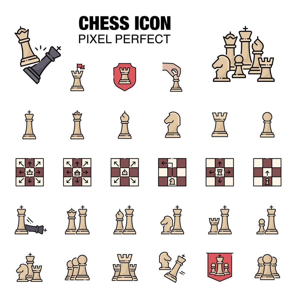 Set of chess piece icons in a filled illustration style vector