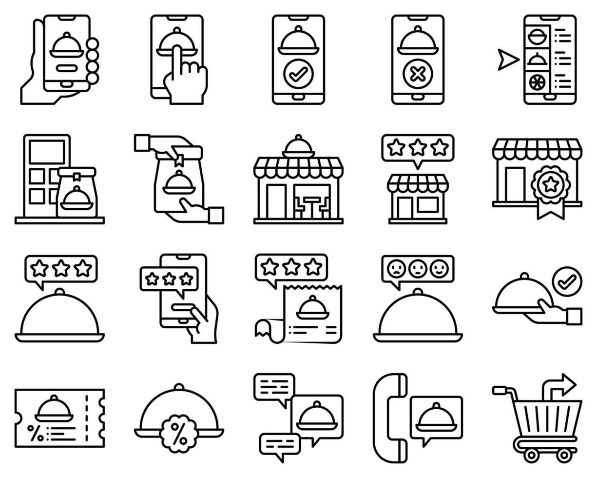 Food delivery essentials line icons set vector
