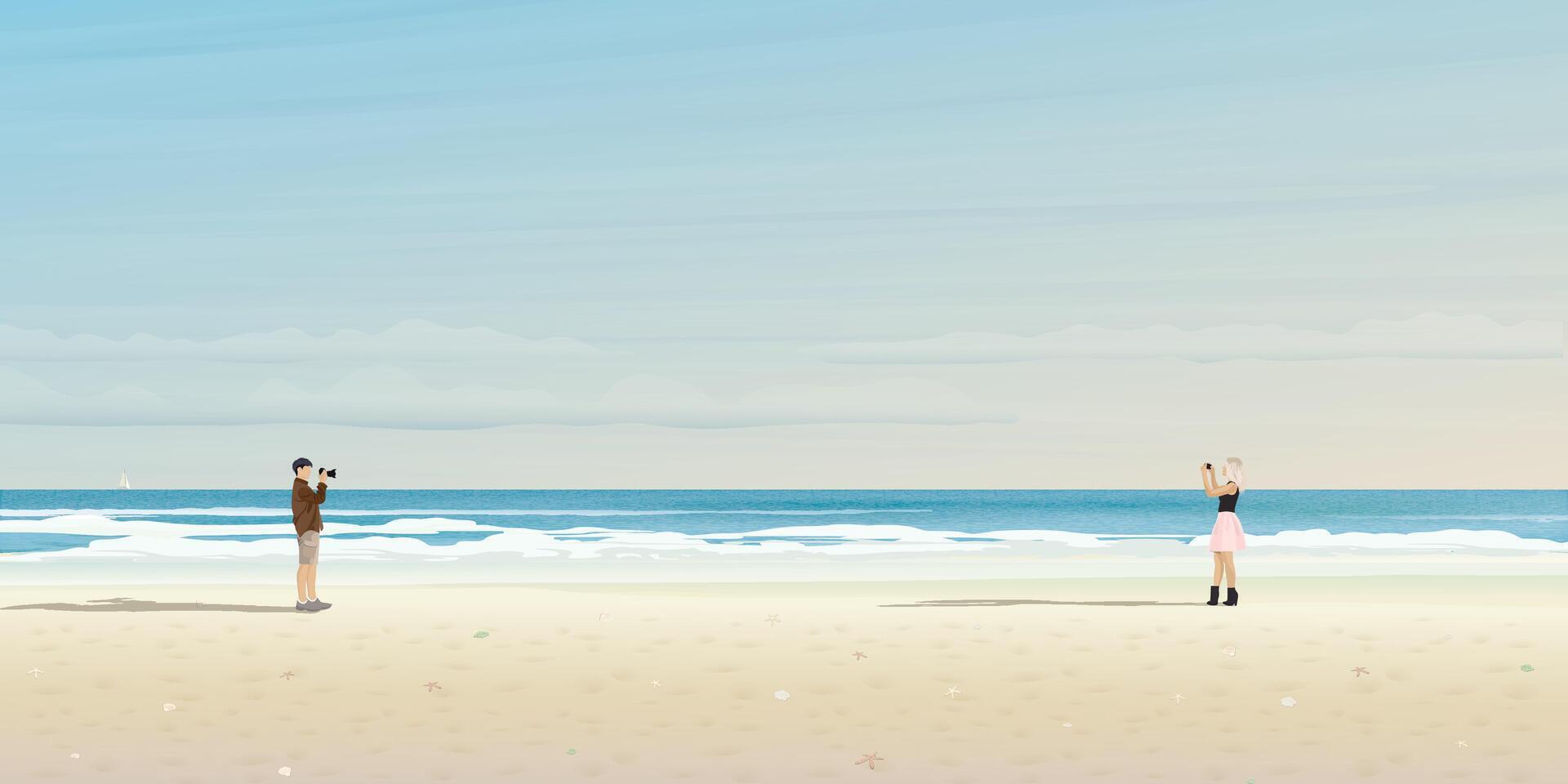 man taking picture by camera and woman taking picture together by smartphone at the beach with tropical blue sea and blue sky background graphic illustration. Journey of sweetheart concept. vector