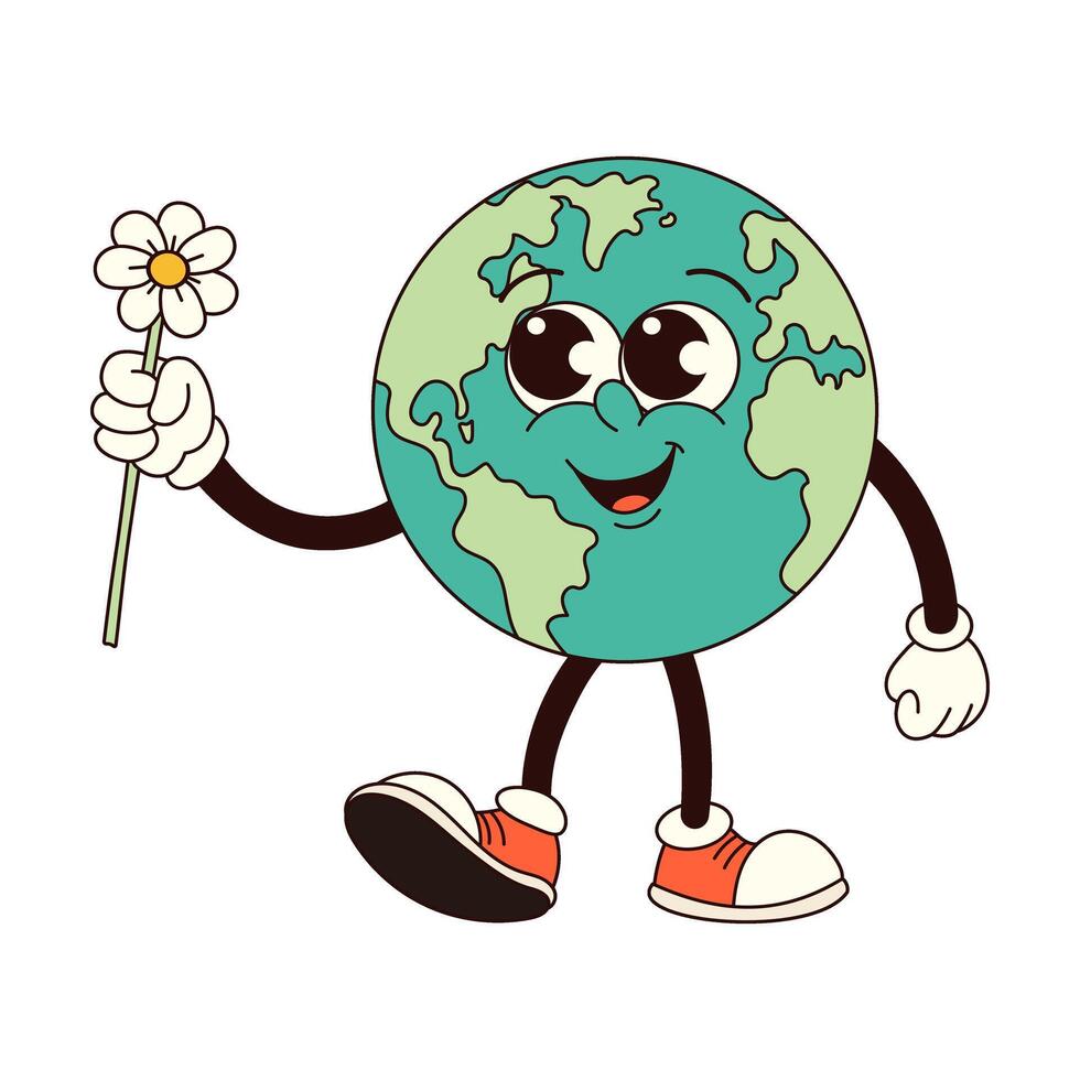 Earth character in trendy retro groovy cartoon style. Earth Day. Illustration for card, poster, banner, web vector