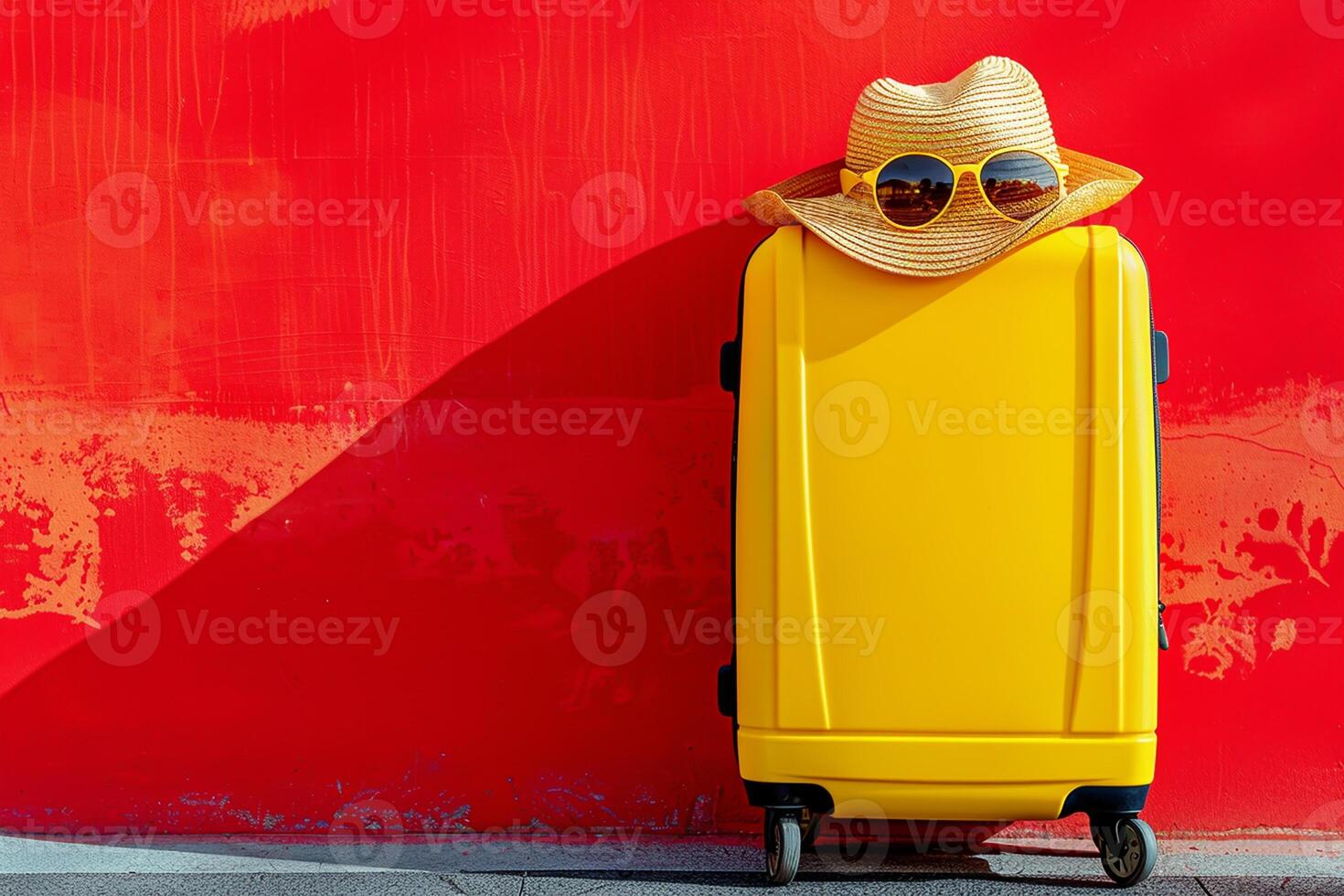Ready for a Summer Adventure. Bright Yellow Suitcase with Straw Hat and Sunglasses Against a Vibrant Red Background photo