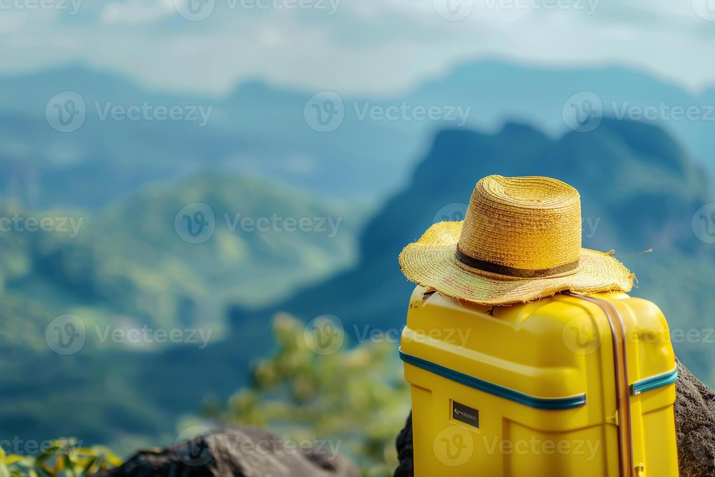 Exploring New Horizons. Yellow Travel Bag at Top of The Mountain and Straw Hat Set Against Majestic Mountain Views photo