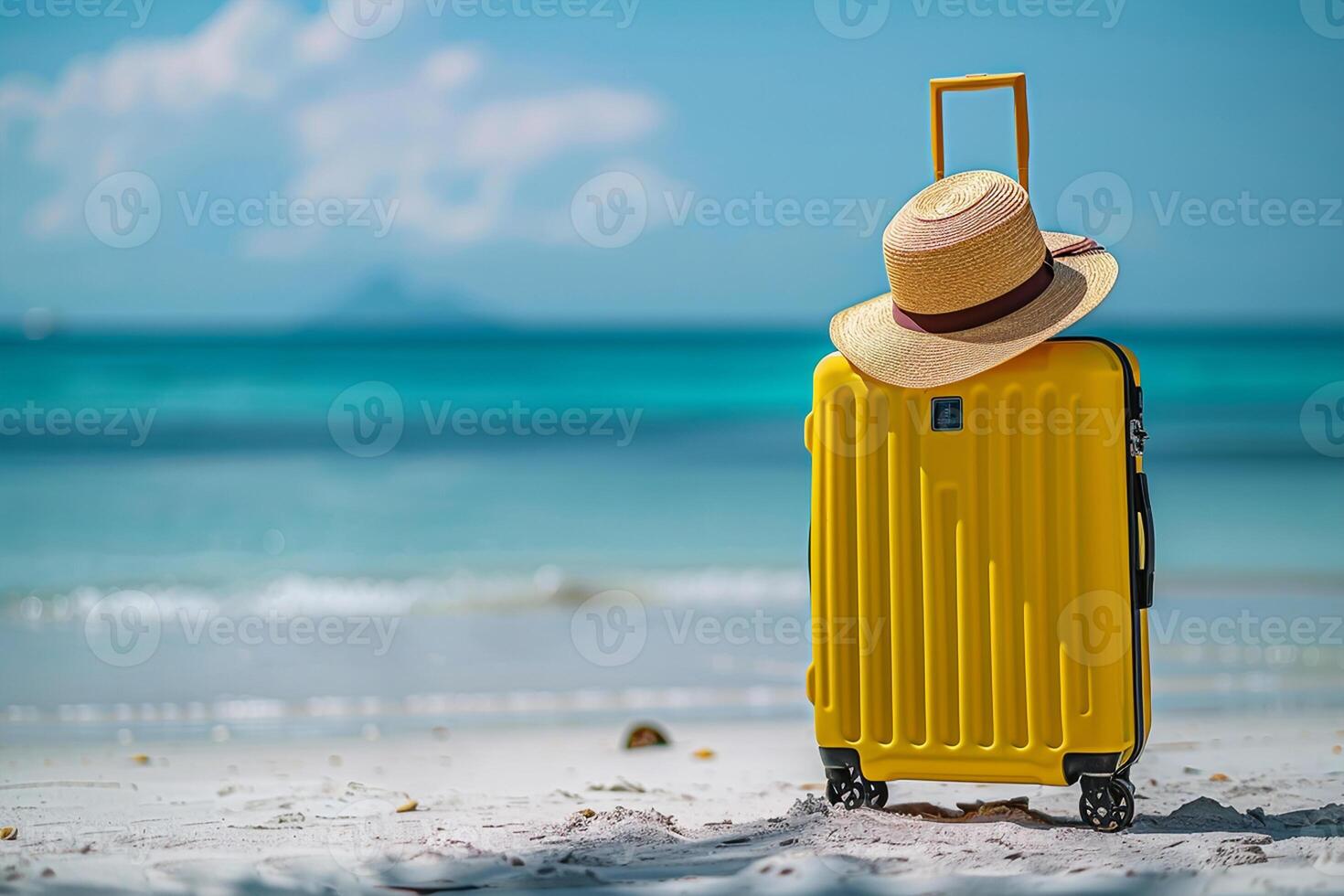 Ready for a Summer vacation. Yellow Suitcase at The Tropical Beach with Straw Hat. Summer vacation at a tropical beach with palm trees photo