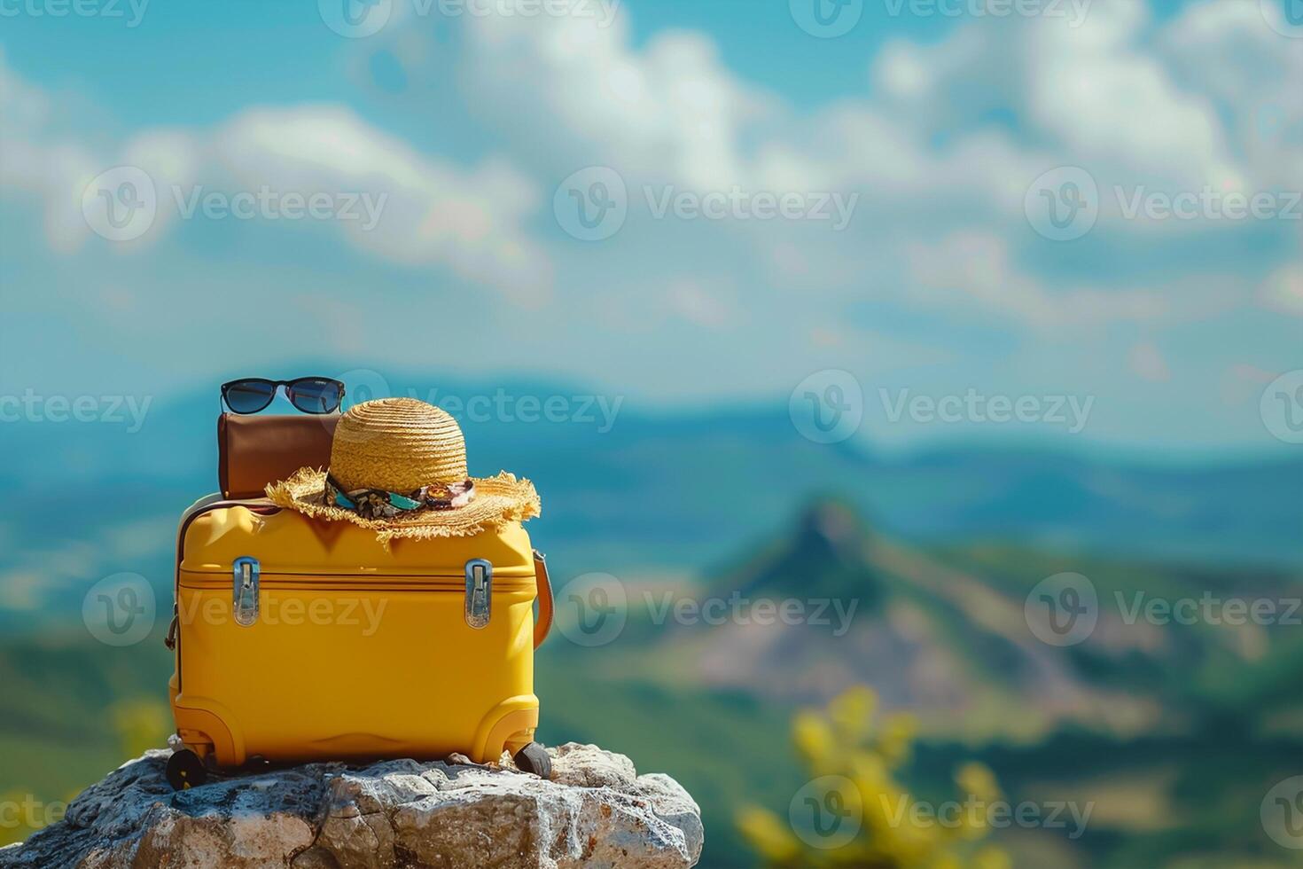 Exploring New Horizons. Yellow Travel Bag at Top of The Mountain and Straw Hat Set Against Majestic Mountain Views photo