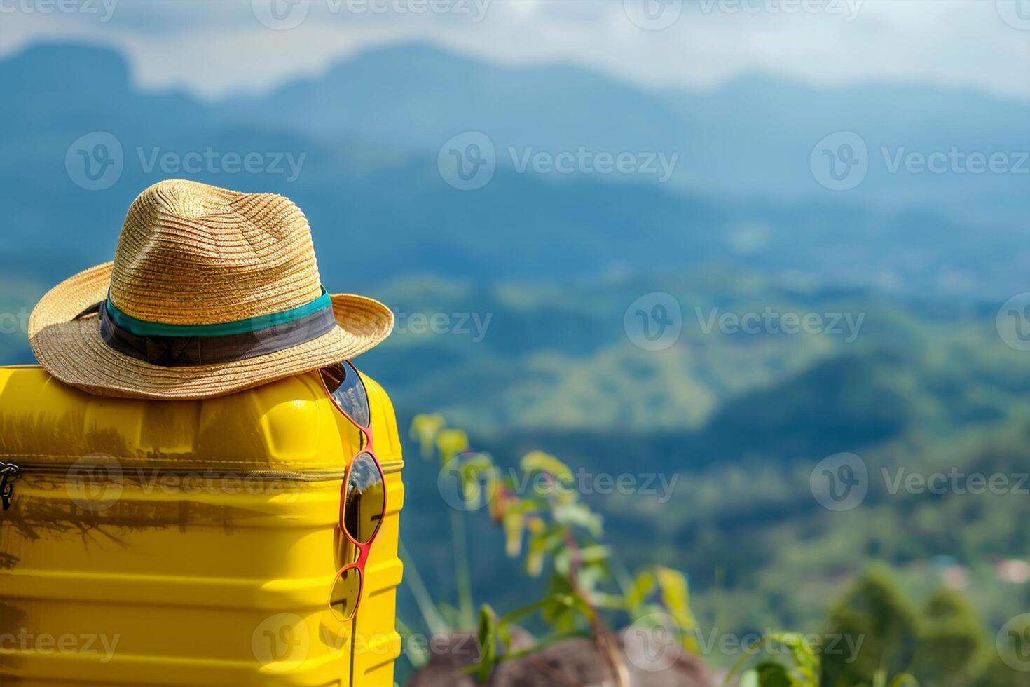 Exploring New Horizons. Yellow Travel Bag at Top of The Mountain and Straw Hat Set Against Majestic Mountain Views photo