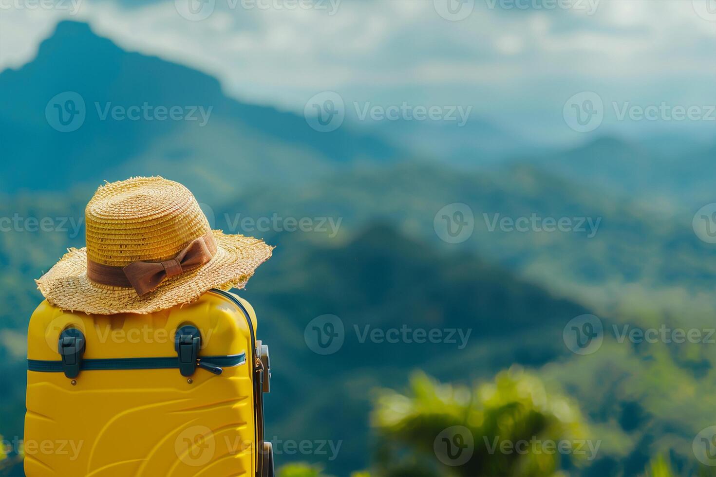 Exploring New Horizons. Yellow Travel Bag at Top of The Mountain and Straw Hat Set Against Majestic Mountain Views photo