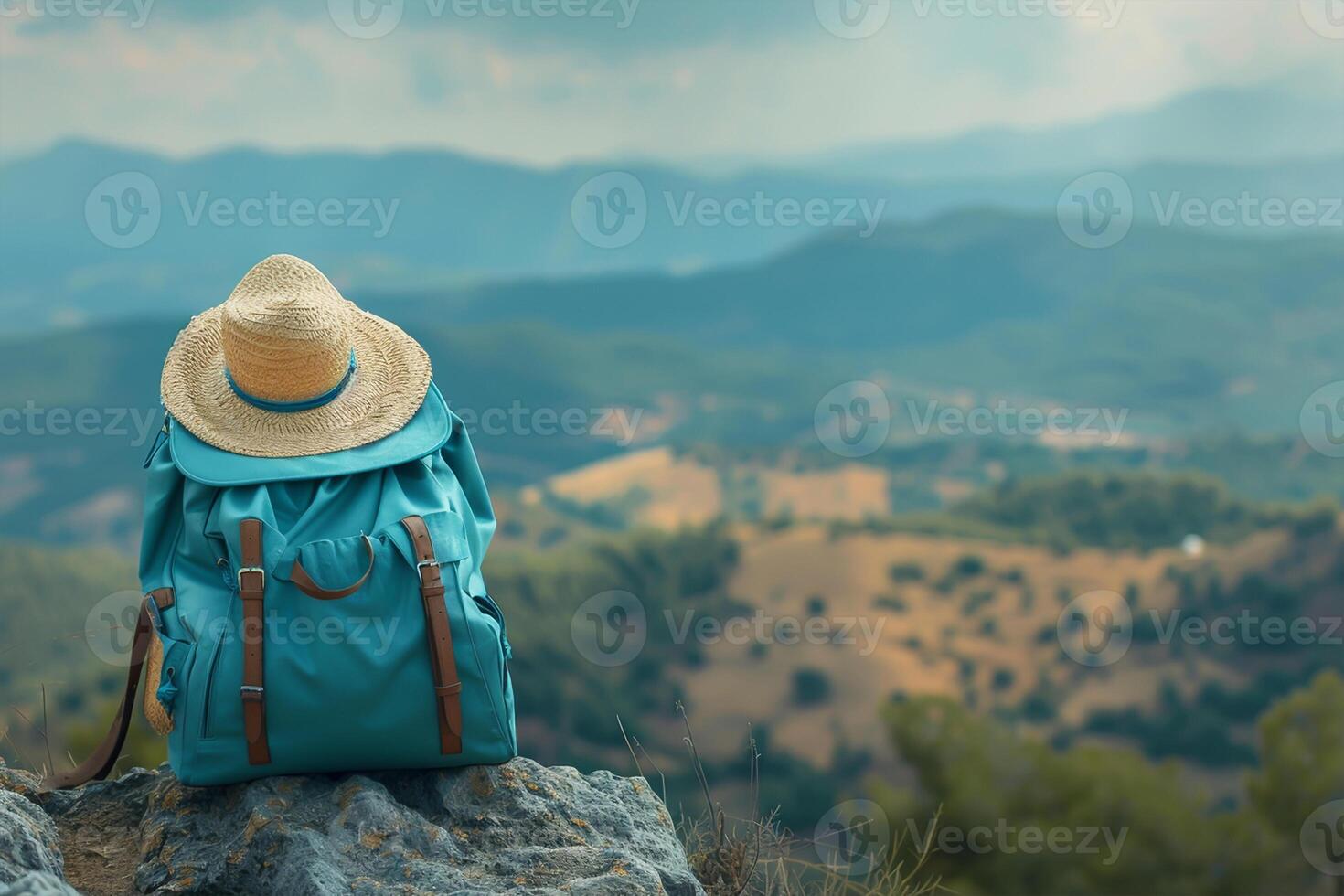 Exploring New Horizons. Blue Suitcase and Straw Hat Set Against a Scenic Mountain Landscape photo