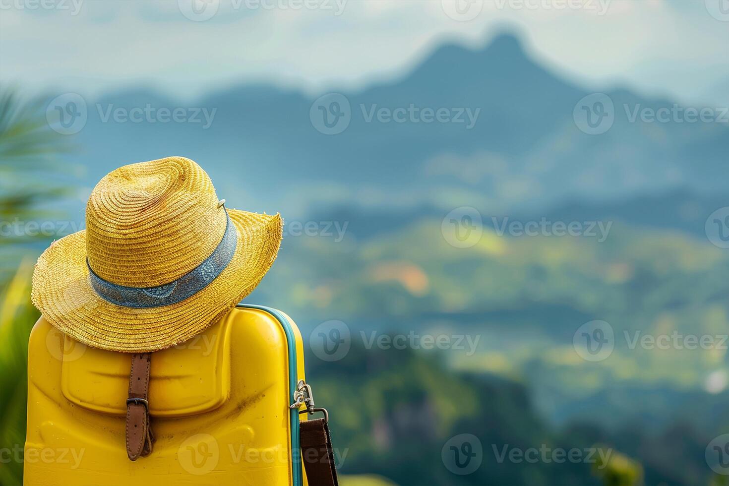 Exploring New Horizons. Yellow Travel Bag at Top of The Mountain and Straw Hat Set Against Majestic Mountain Views photo