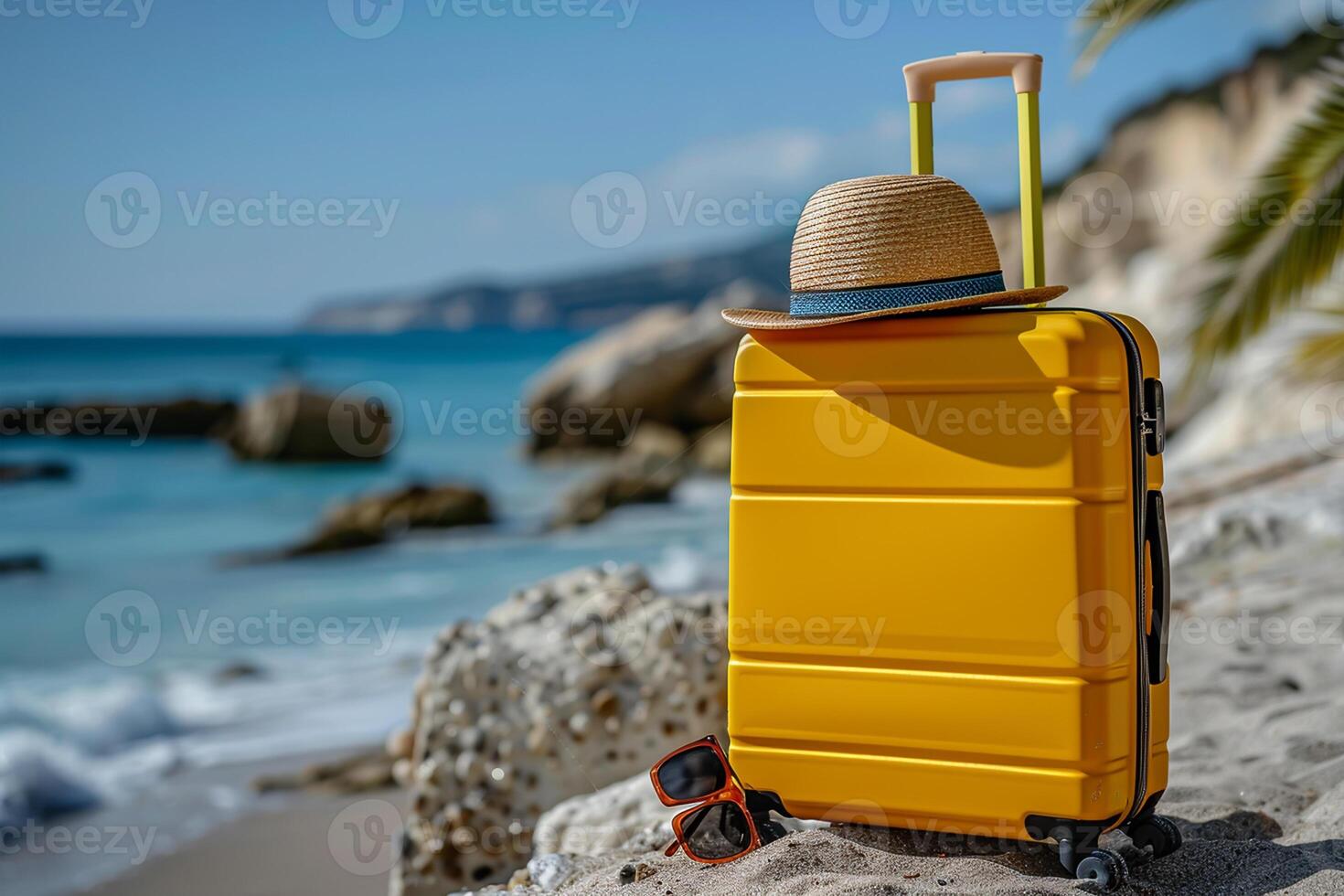 Ready for a Summer vacation. Yellow Suitcase at The Tropical Beach with Straw Hat. Summer vacation at a tropical beach with palm trees photo