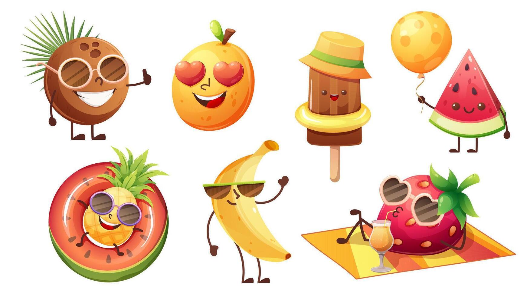 Set of fun summer fruits and ice cream with emoji. Summer fun food, hello summer. characters vector
