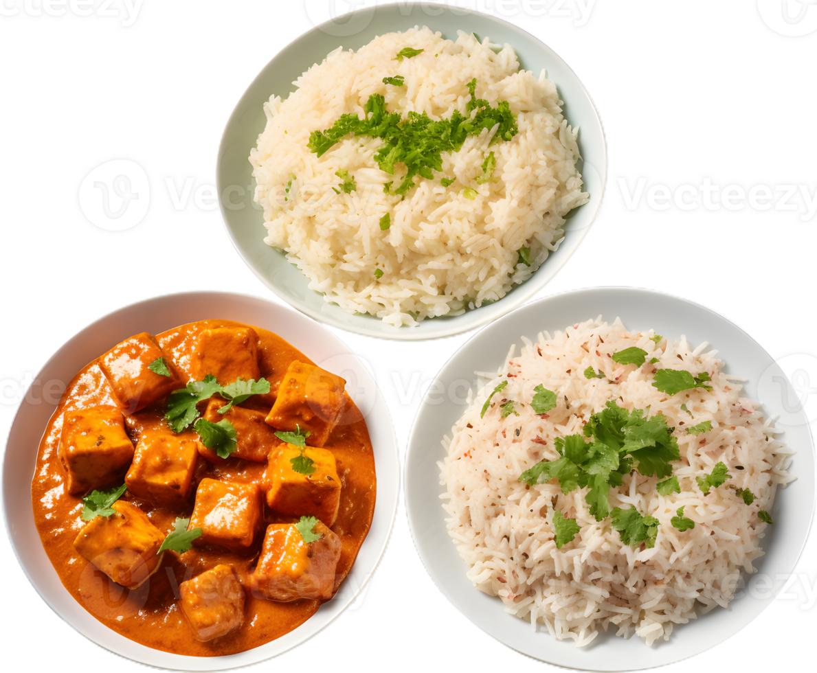 three plates of food with rice and curry png