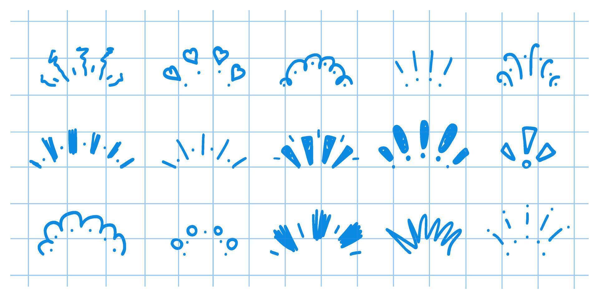 Doodle celebration fireworks icon set on checkered notebook sheet background.. Hand-drawn ink sketch design. Confetti decorative elements. Lightning, explosion, sunburst, fireworks, bling. vector