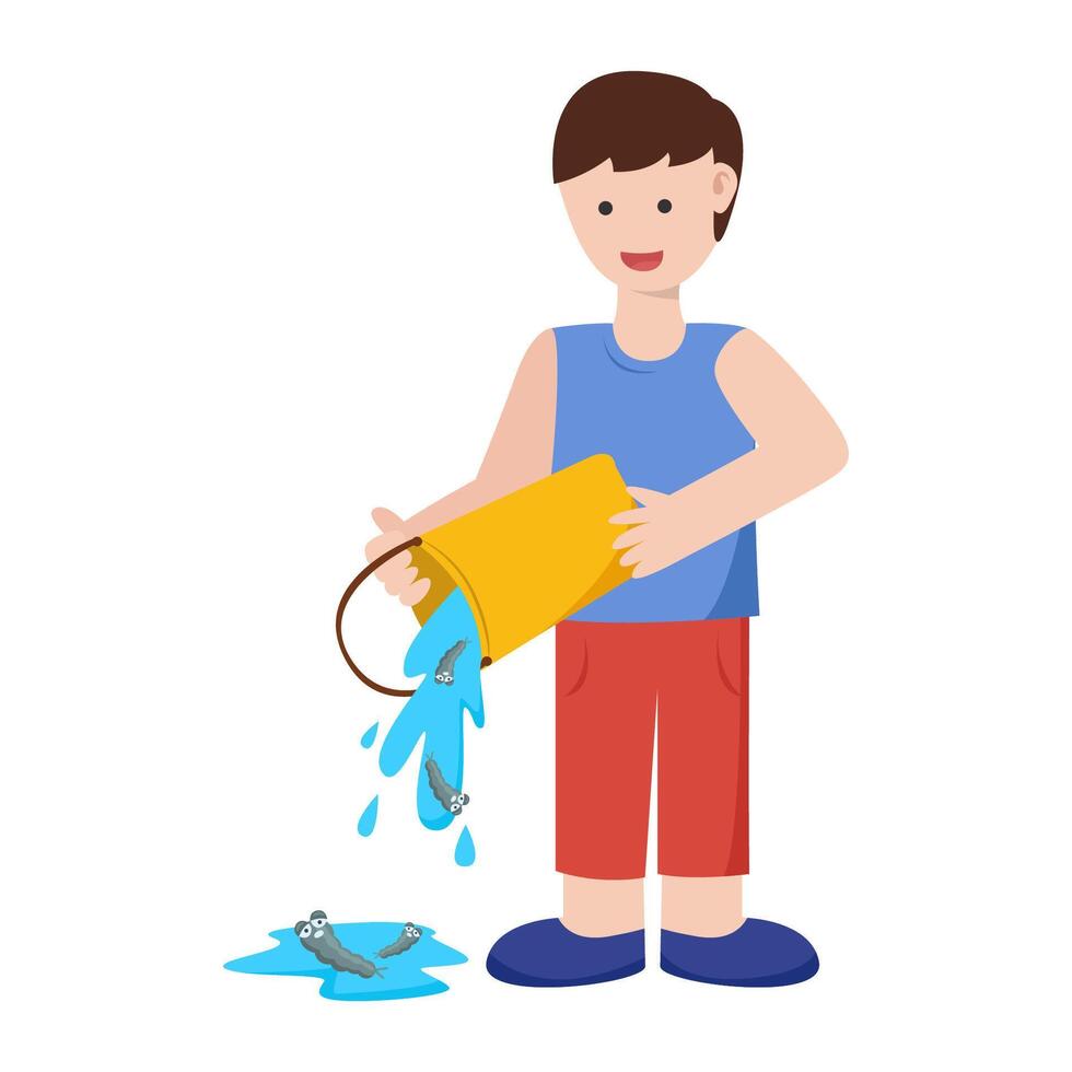 man pour mosquito larva in water can. mosquito control concept vector