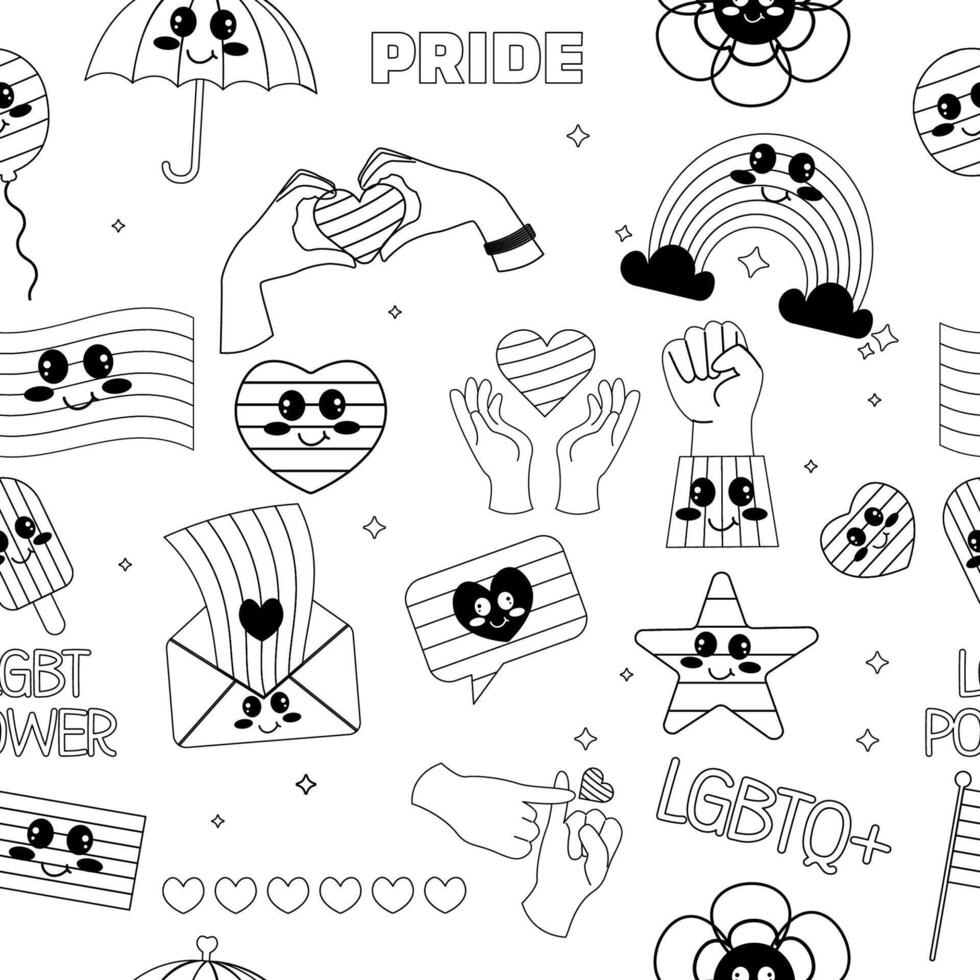 Seamless outline kawaii pattern Lgbt elements pride vector