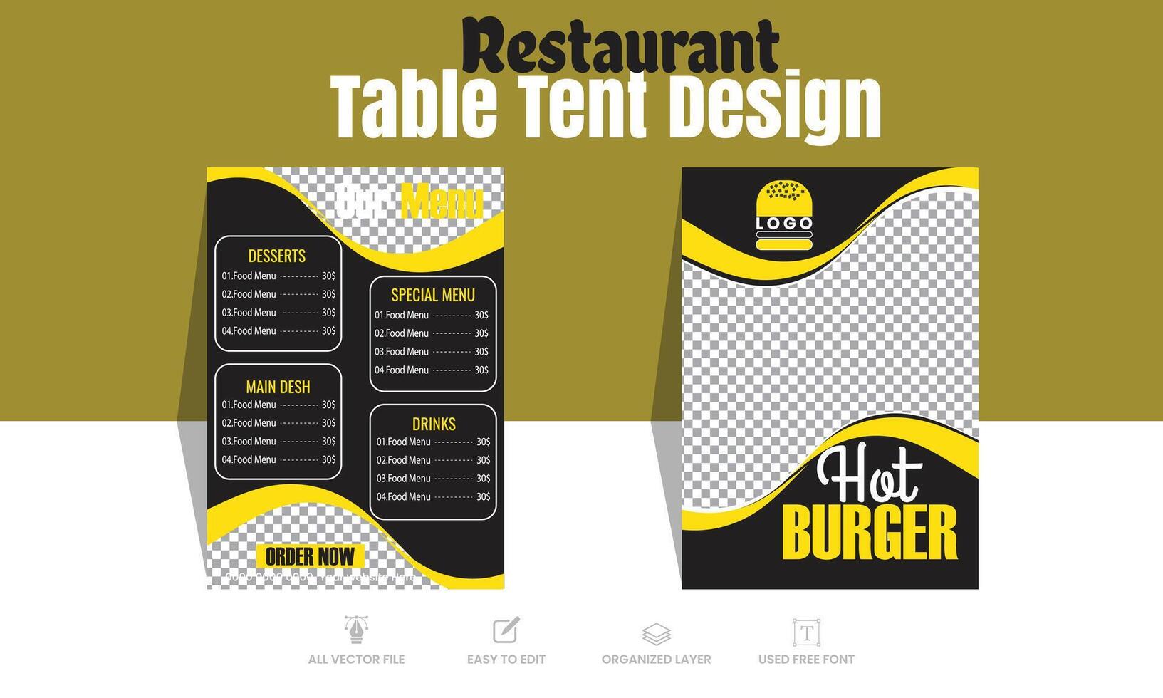 Restaurant Burger Menu Table Tent design template vector