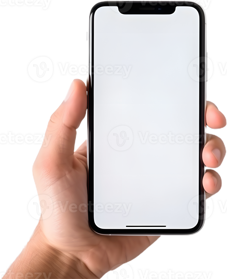 hand holding a smartphone with blank screen on transparent background png