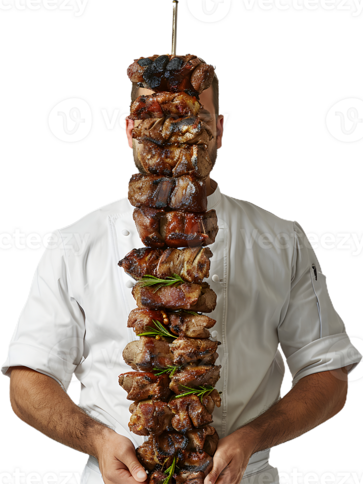 a chef holding a skewered meat on a stick png