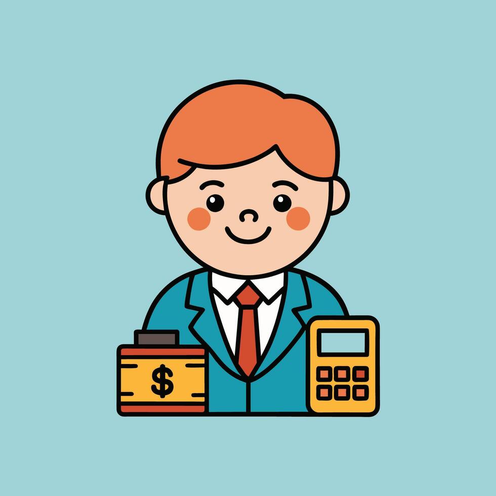 This is a cartoon image of a person with short red hair and a yellow suit and tie. They are sitting at a desk with a stack of books, a notepad, and a pen on it. vector
