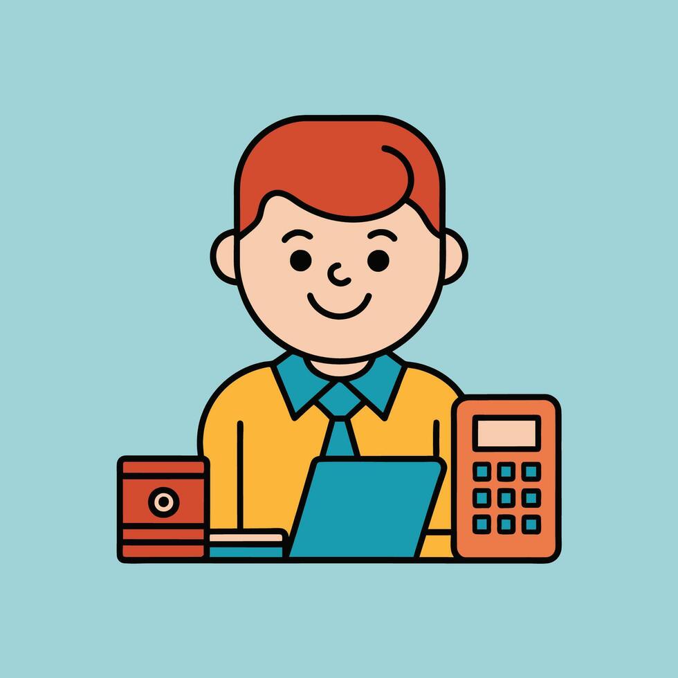 This is a cartoon image of a person with short red hair and a yellow suit and tie. They are sitting at a desk with a stack of books, a notepad, and a pen on it. vector