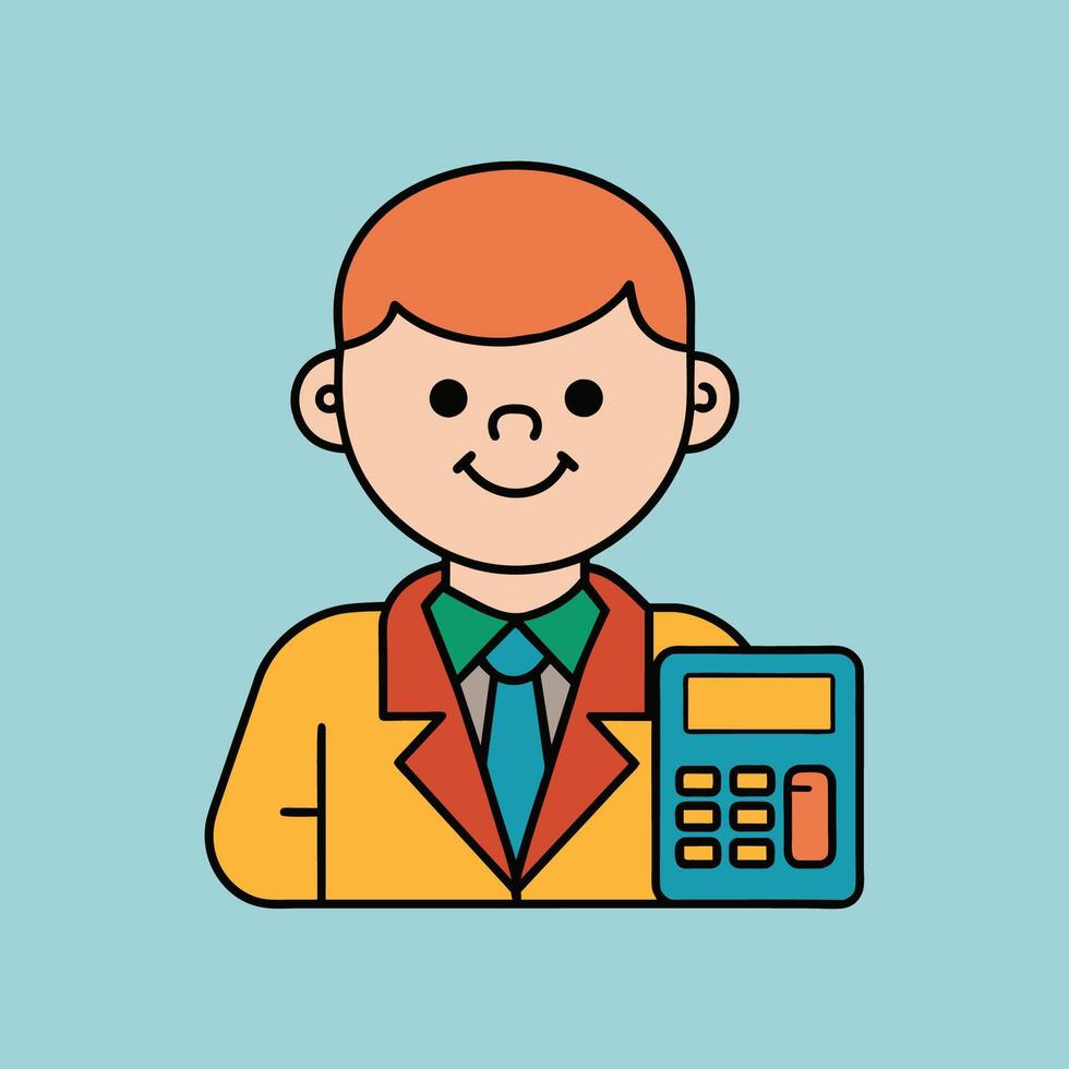 This is a cartoon image of a person with short red hair and a yellow suit and tie. They are sitting at a desk with a stack of books, a notepad, and a pen on it. vector