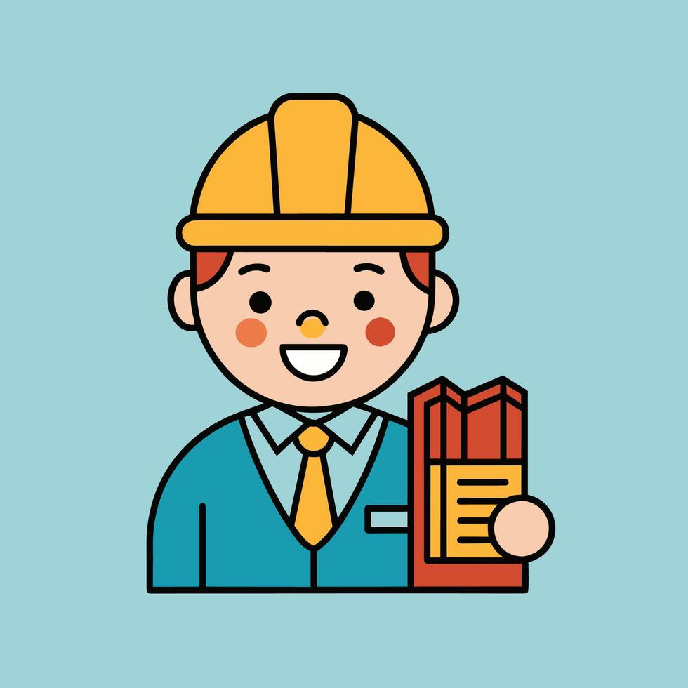 Adobe Illustrator ArtwThis is a cartoon image of a construction worker. He is wearing a hard hat, a blue shirt, and a yellow vestork vector