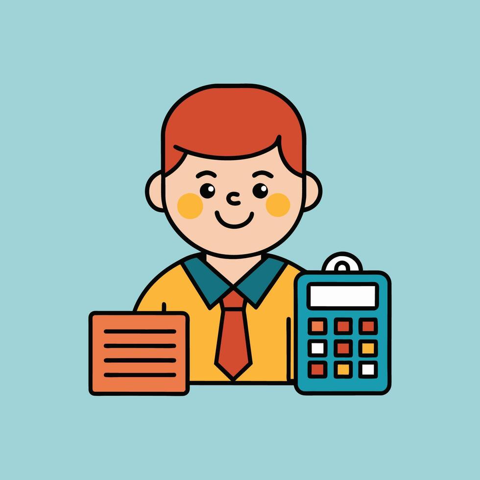 This is a cartoon image of a person with short red hair and a yellow suit and tie. They are sitting at a desk with a stack of books, a notepad, and a pen on it. vector