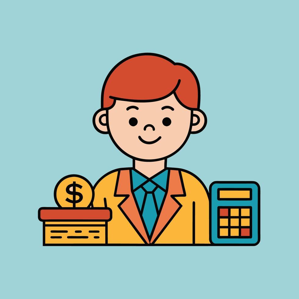 This is a cartoon image of a person with short red hair and a yellow suit and tie. They are sitting at a desk with a stack of books, a notepad, and a pen on it. vector