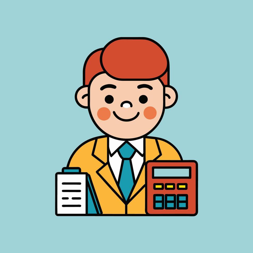 This is a cartoon image of a person with short red hair and a yellow suit and tie. They are sitting at a desk with a stack of books, a notepad, and a pen on it. vector