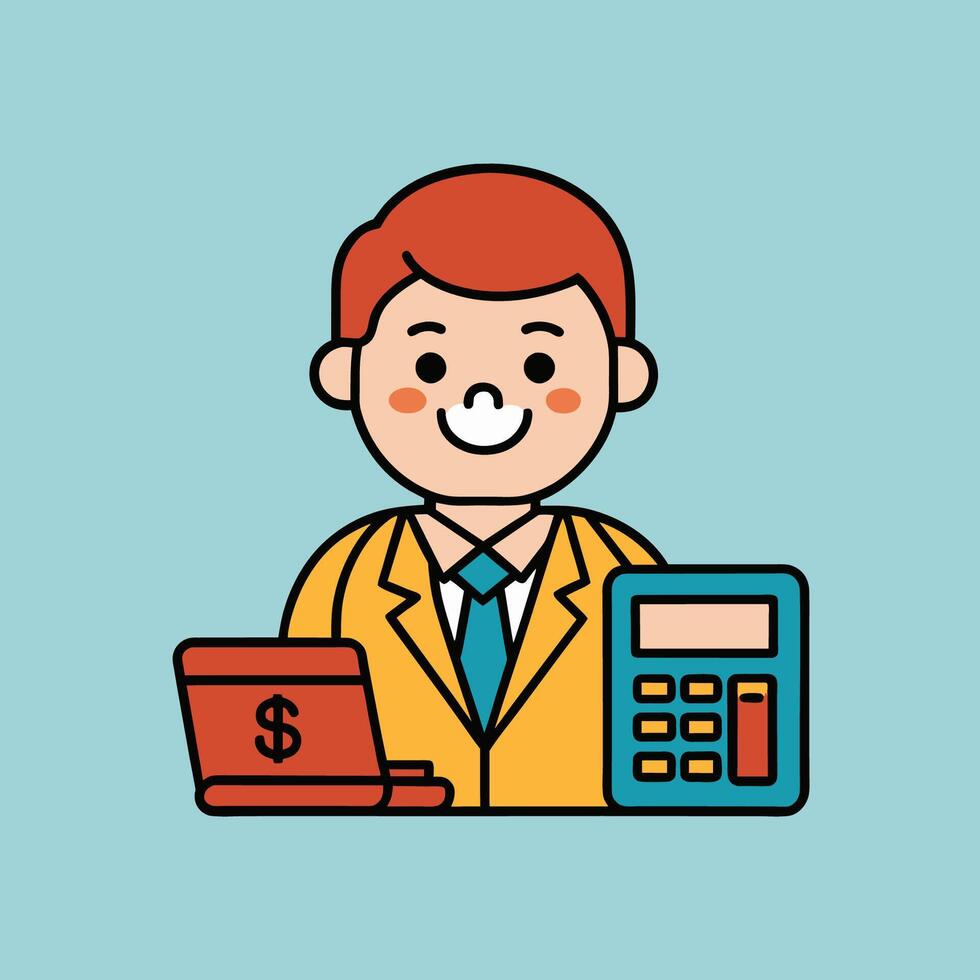 This is a cartoon image of a person with short red hair and a yellow suit and tie. They are sitting at a desk with a stack of books, a notepad, and a pen on it. vector