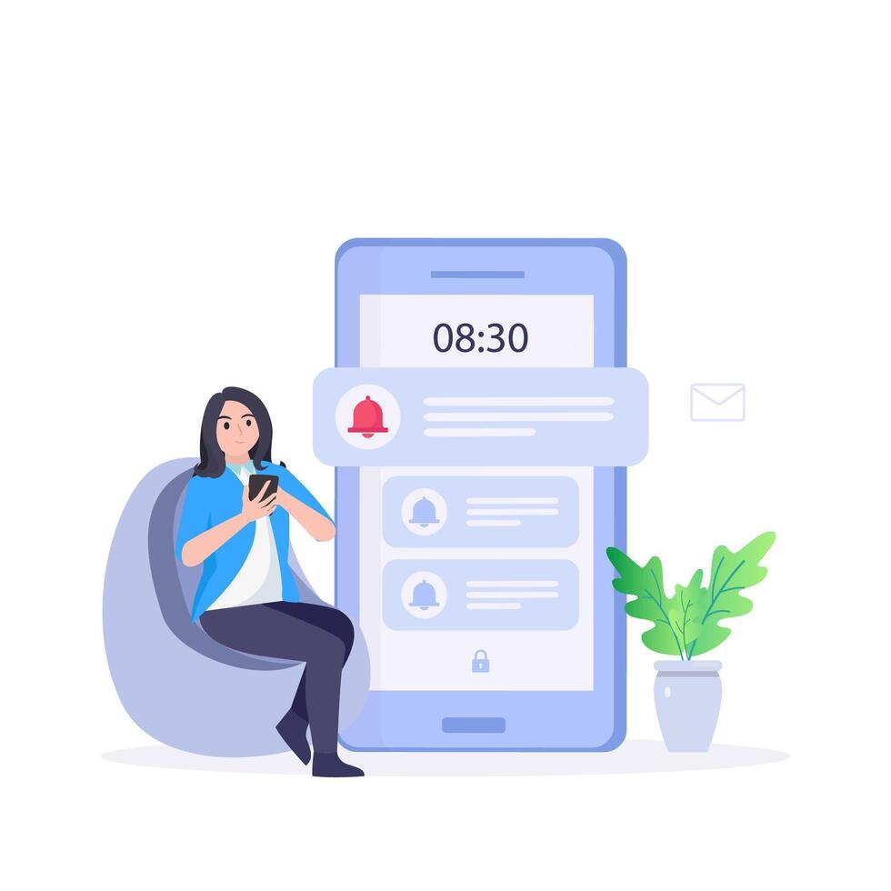 Smartphone with alarm clock reminder message on screen. New notice on the phone. Alert notification with notification bell. Important reminder. vector