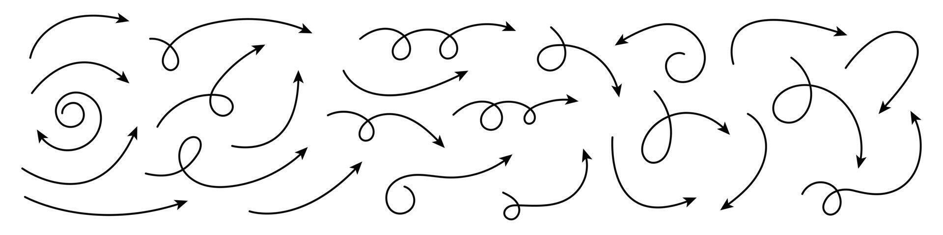 Collection of curved arrows. Set simple curved hand drawn arrows. Collection of pointers. vector