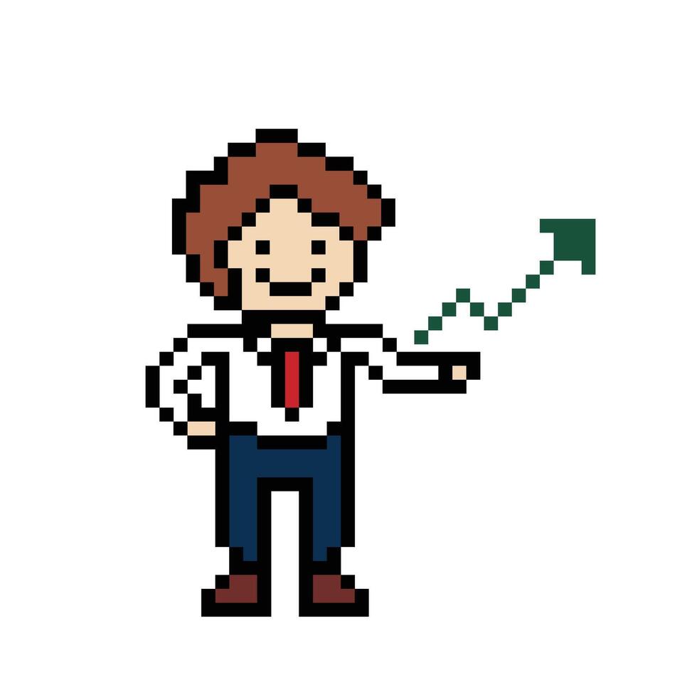 Cute pixel cartoon 8bit character business man businessman smart work life office game for decoration business 8 bit male career smart character game. vector